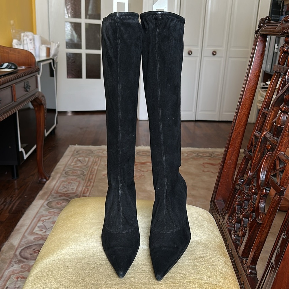 Sergio Rossi Black Stretchy Suede Pointed Toe Sock Knee-High Boots Size 38 / 7.5 - Picture 6 of 13